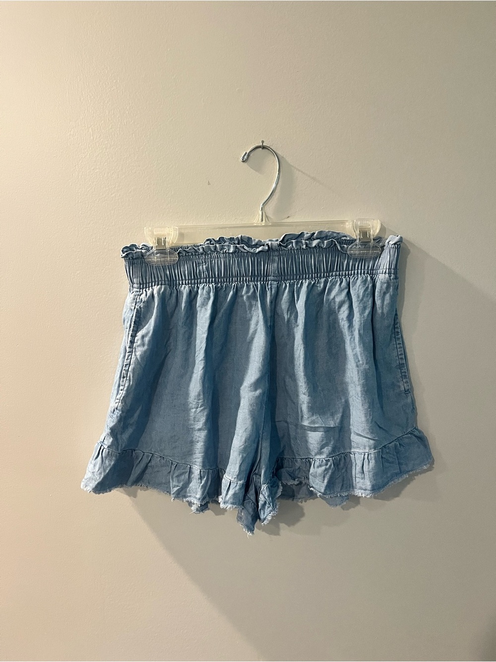 aerie Chambray Blue Smocked Ruffle-Hem Shorts